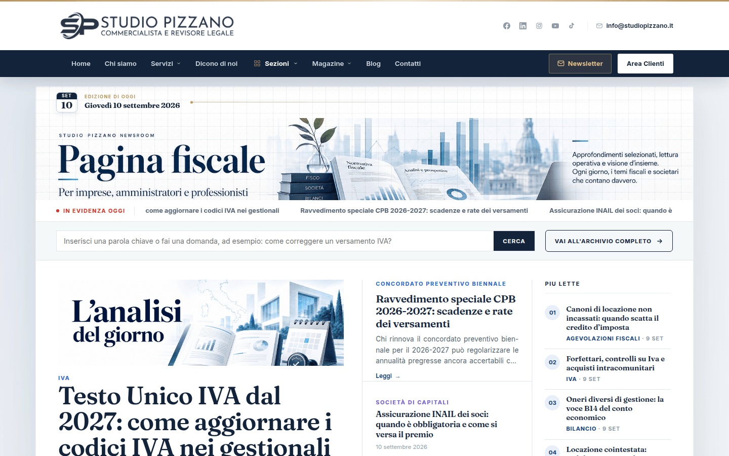 Homepage di Studio Pizzano, la newsroom fiscale sviluppata da DeBrand Studio